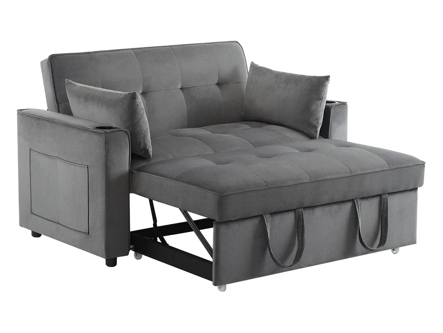 Sofá convertible 3 en 1 con respaldo ajustable y portavasos, terciopelo gris, para espacios pequeños o estudios