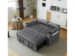 Sofá convertible 3 en 1 con respaldo ajustable y portavasos, terciopelo gris, para espacios pequeños o estudios