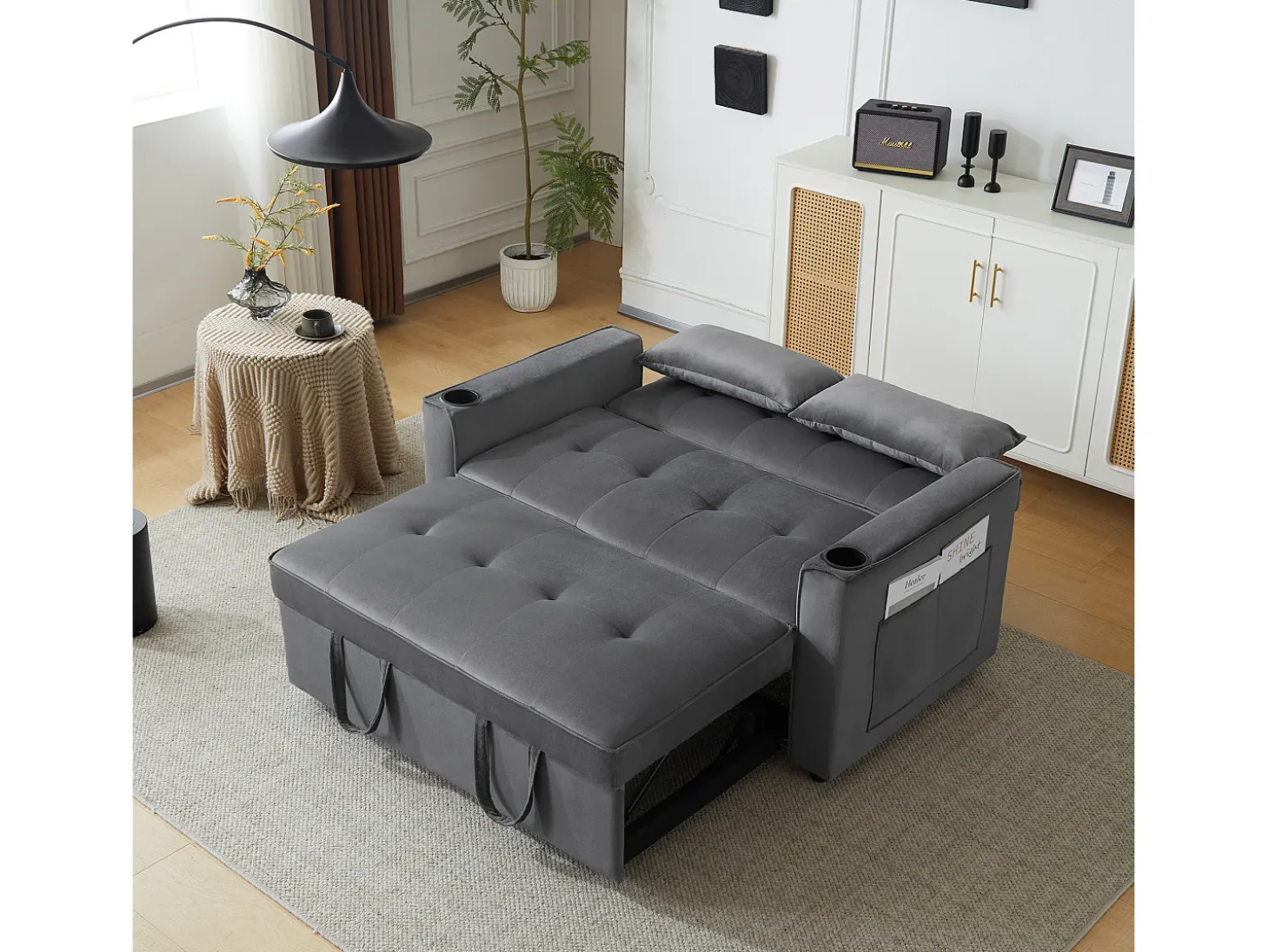 Sofá convertible 3 en 1 con respaldo ajustable y portavasos, terciopelo gris, para espacios pequeños o estudios