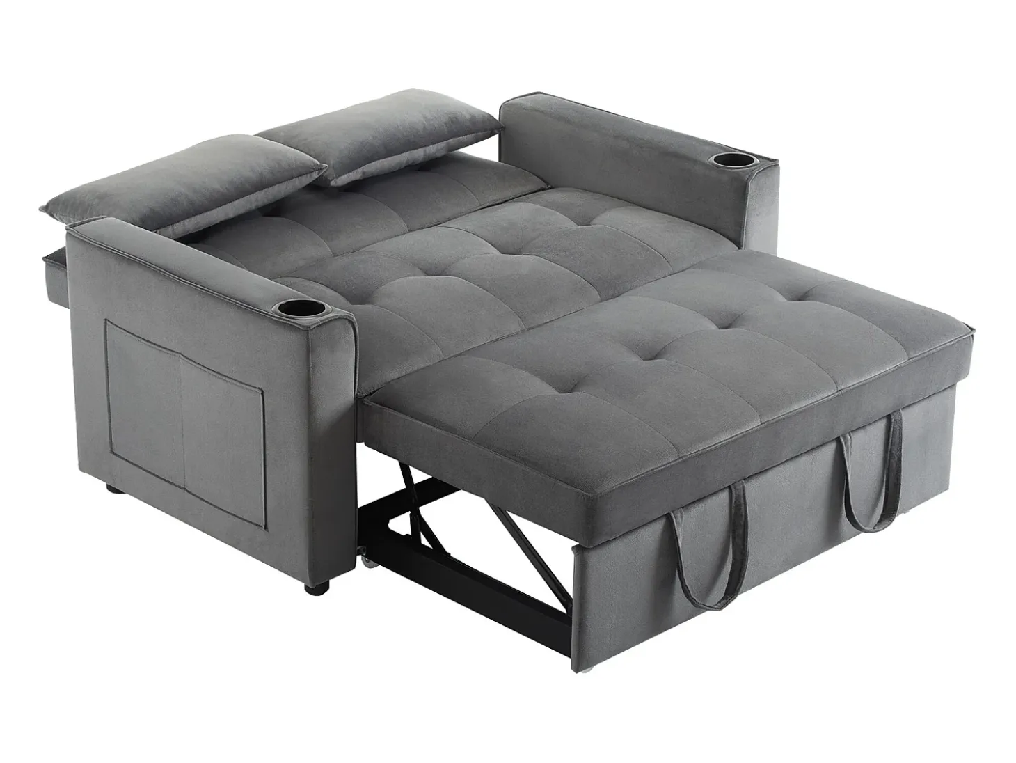 Sofá convertible 3 en 1 con respaldo ajustable y portavasos, terciopelo gris, para espacios pequeños o estudios