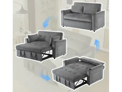 Sofá convertible 3 en 1 con respaldo ajustable y portavasos, terciopelo gris, para espacios pequeños o estudios