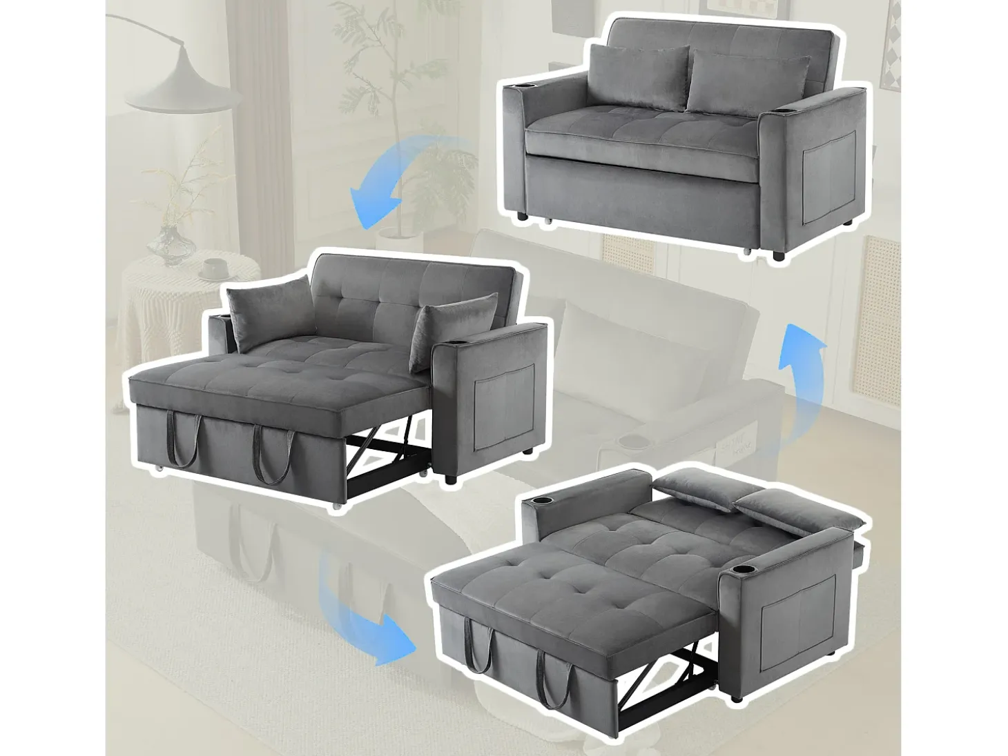 Sofá convertible 3 en 1 con respaldo ajustable y portavasos, terciopelo gris, para espacios pequeños o estudios
