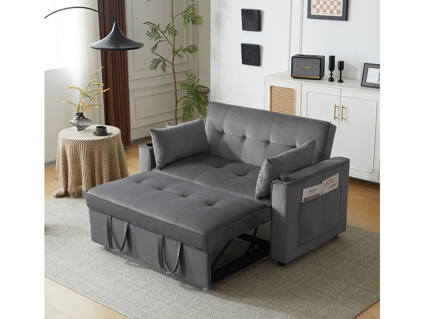 Sofá convertible 3 en 1 con respaldo ajustable y portavasos, terciopelo gris, para espacios pequeños o estudios