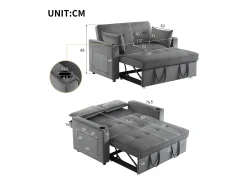 Sofá convertible 3 en 1 con respaldo ajustable y portavasos, terciopelo gris, para espacios pequeños o estudios