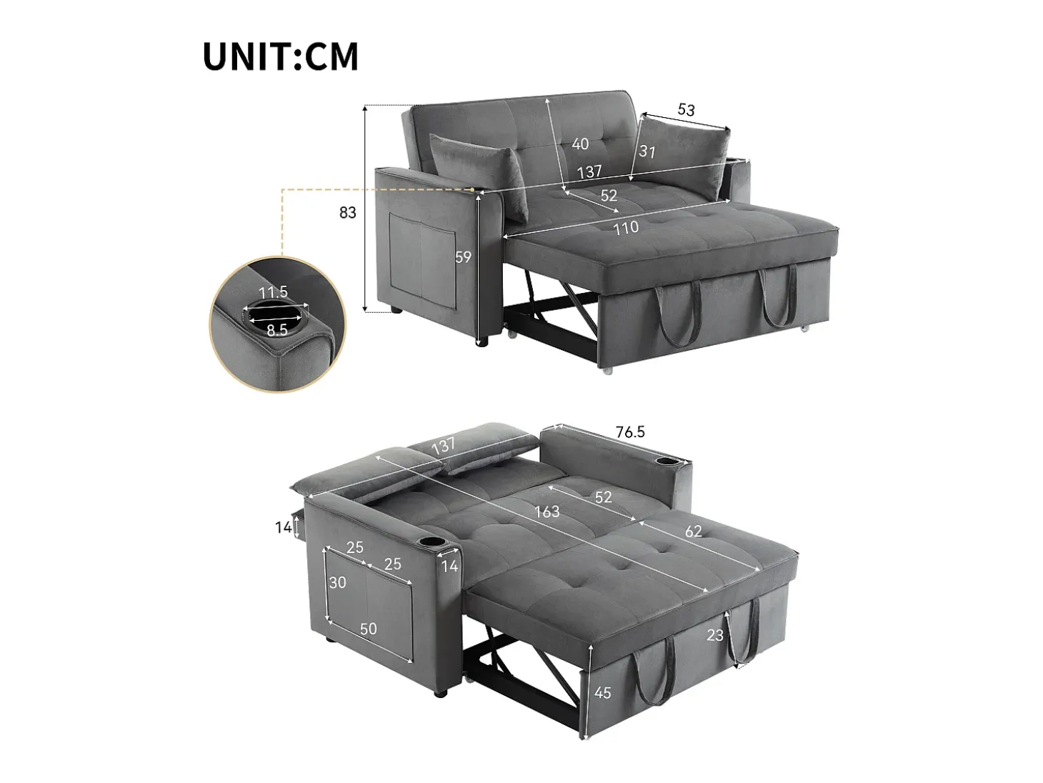 Sofá convertible 3 en 1 con respaldo ajustable y portavasos, terciopelo gris, para espacios pequeños o estudios