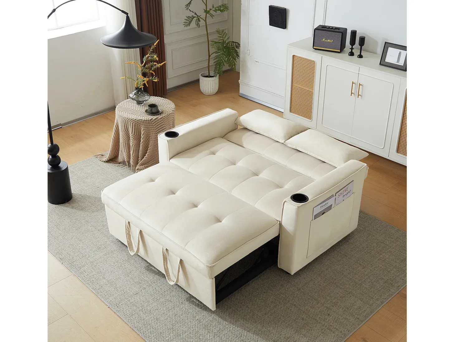 Sofá convertible 3 en 1 con respaldo ajustable y portavasos, terciopelo beige, para espacios pequeños o estudios