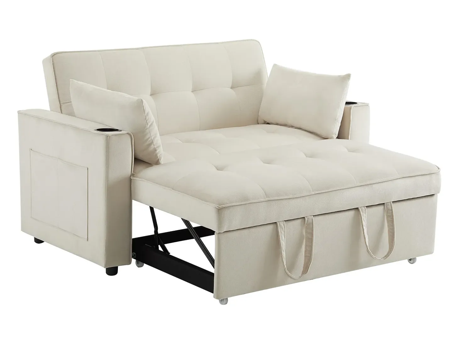 Sofá convertible 3 en 1 con respaldo ajustable y portavasos, terciopelo beige, para espacios pequeños o estudios