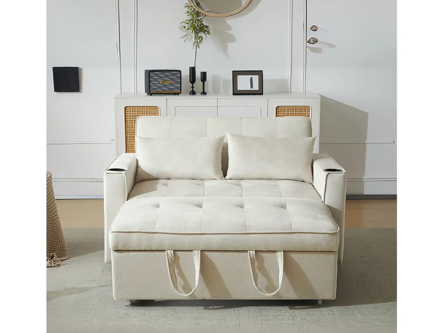 Sofá convertible 3 en 1 con respaldo ajustable y portavasos, terciopelo beige, para espacios pequeños o estudios