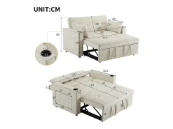 Sofá convertible 3 en 1 con respaldo ajustable y portavasos, terciopelo beige, para espacios pequeños o estudios
