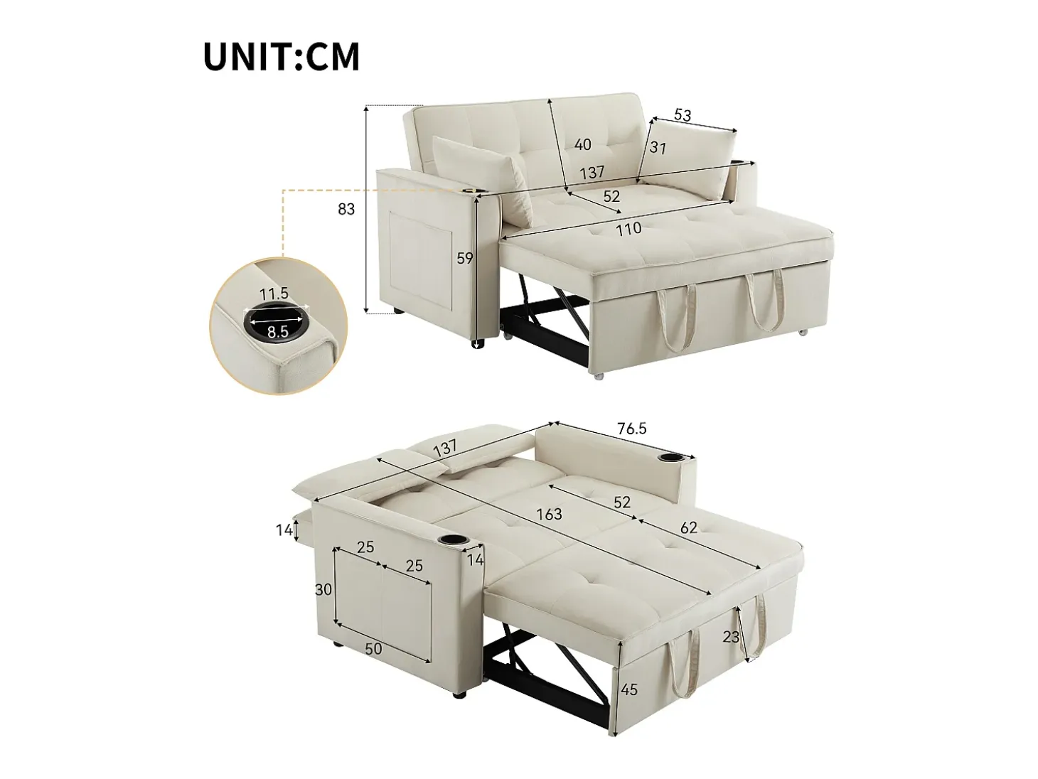 Sofá convertible 3 en 1 con respaldo ajustable y portavasos, terciopelo beige, para espacios pequeños o estudios
