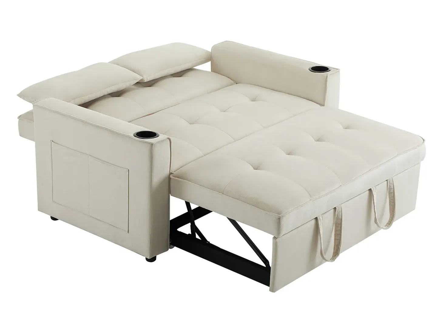 Sofá convertible 3 en 1 con respaldo ajustable y portavasos, terciopelo beige, para espacios pequeños o estudios