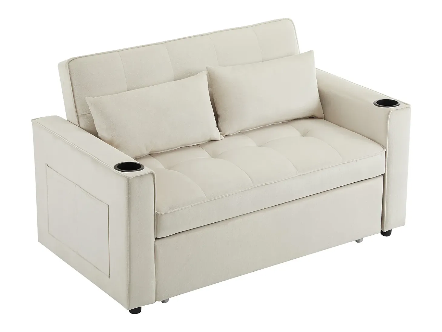 Sofá convertible 3 en 1 con respaldo ajustable y portavasos, terciopelo beige, para espacios pequeños o estudios