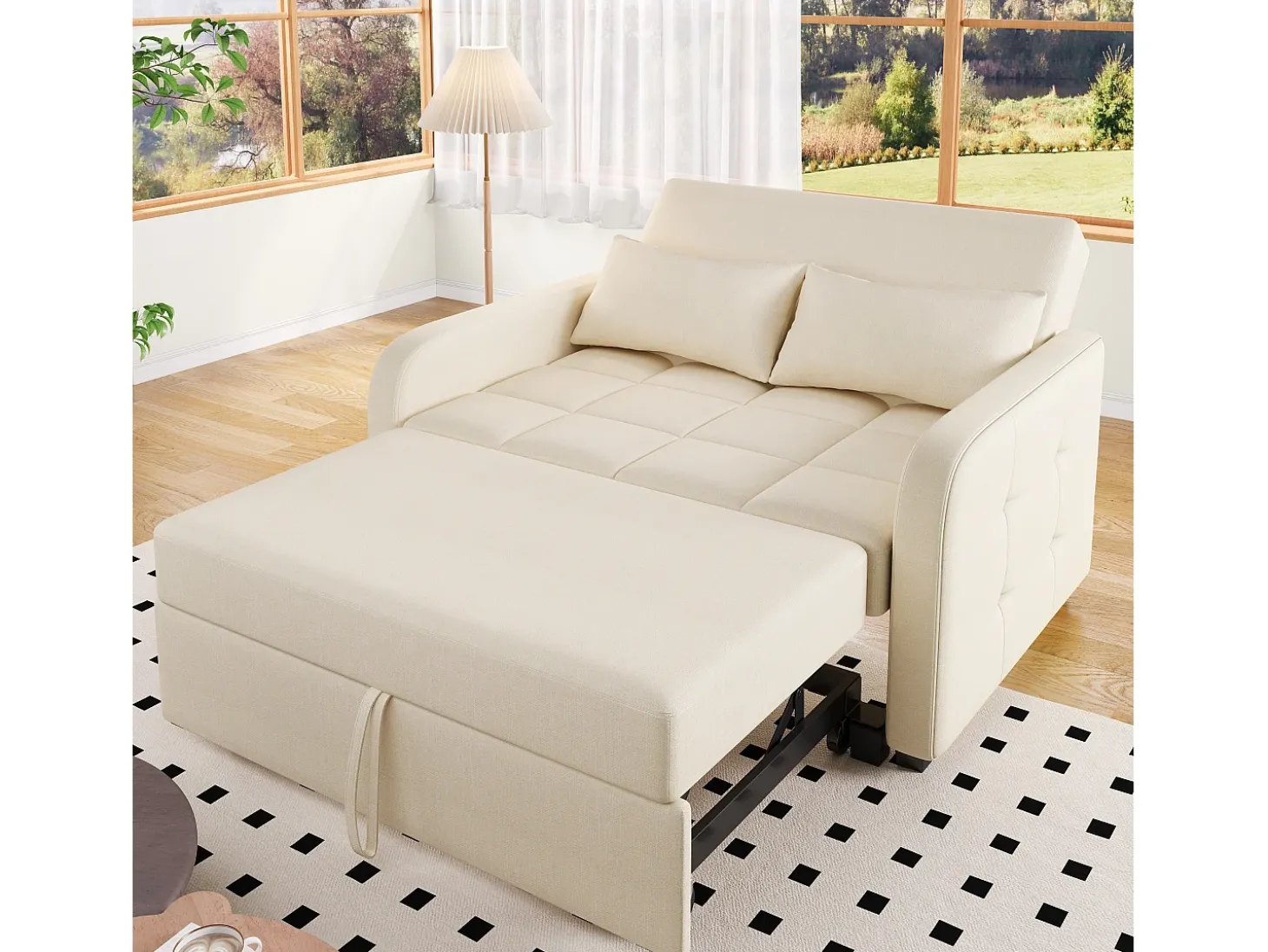 Sofá convertible con brazos y respaldo regulable - lino beige - para salón y dormitorio
