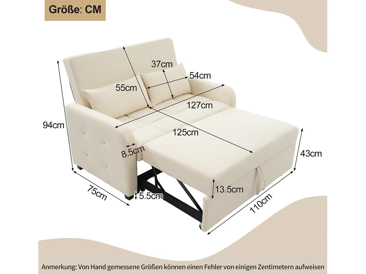Sofá convertible con brazos y respaldo regulable - lino beige - para salón y dormitorio