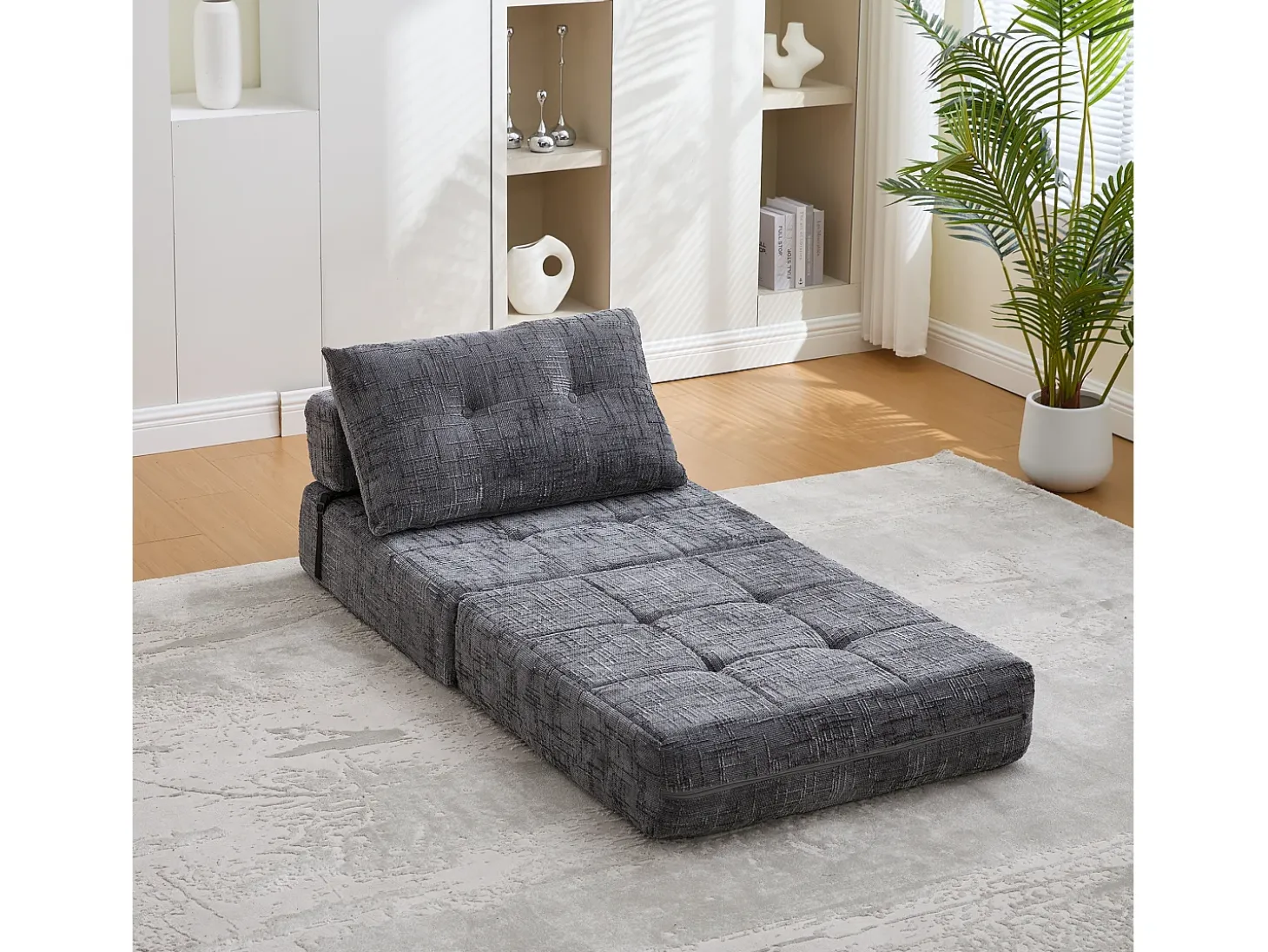 Sofá convertible con cojines lumbares y reposacabezas, chenilla gris - para salón y dormitorio