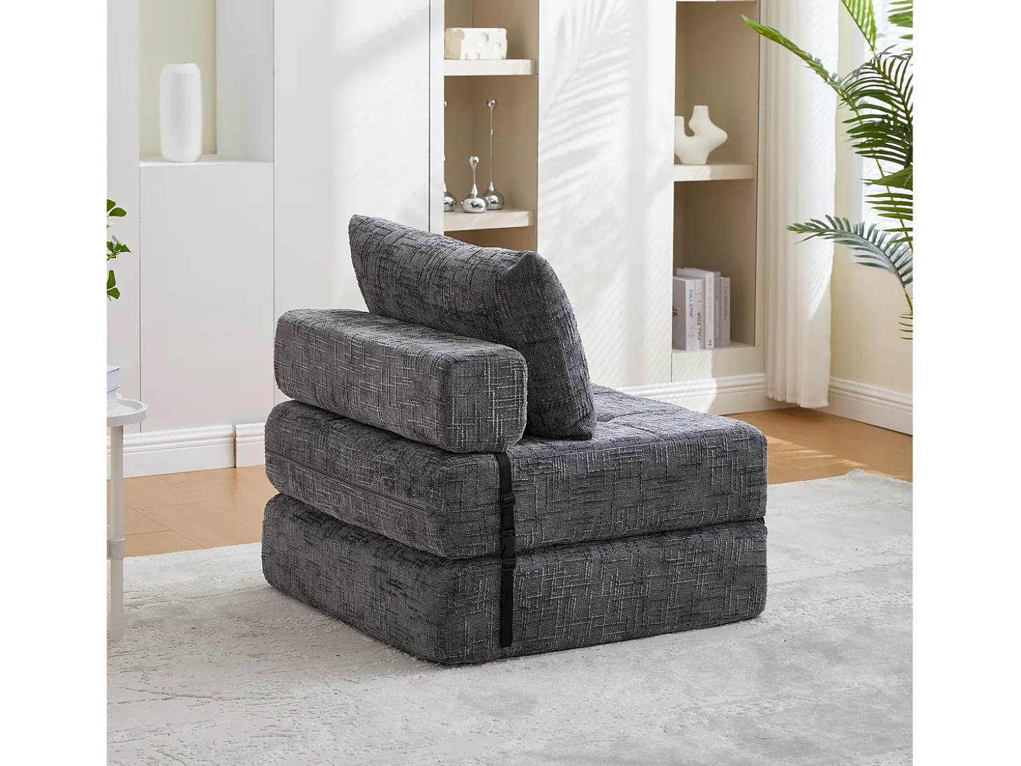 Sofá convertible con cojines lumbares y reposacabezas, chenilla gris - para salón y dormitorio