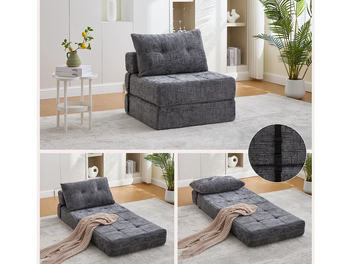 Sofá convertible con cojines lumbares y reposacabezas, chenilla gris - para salón y dormitorio