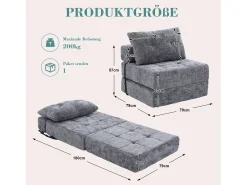 Sofá convertible con cojines lumbares y reposacabezas, chenilla gris - para salón y dormitorio