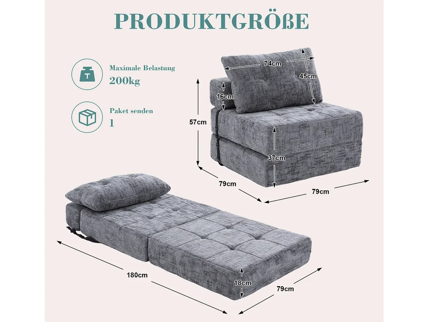 Sofá convertible con cojines lumbares y reposacabezas, chenilla gris - para salón y dormitorio