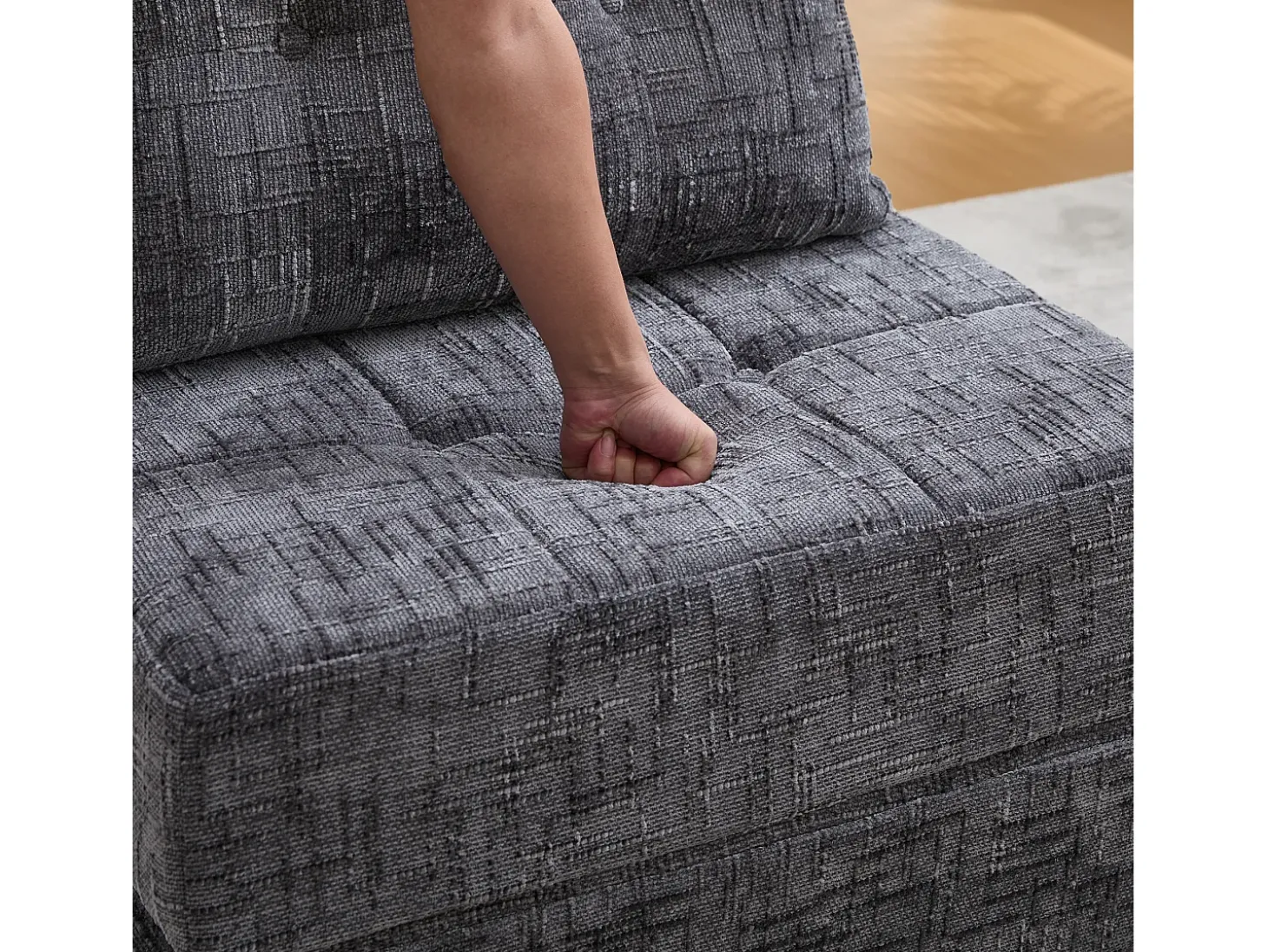Sofá convertible con cojines lumbares y reposacabezas, chenilla gris - para salón y dormitorio