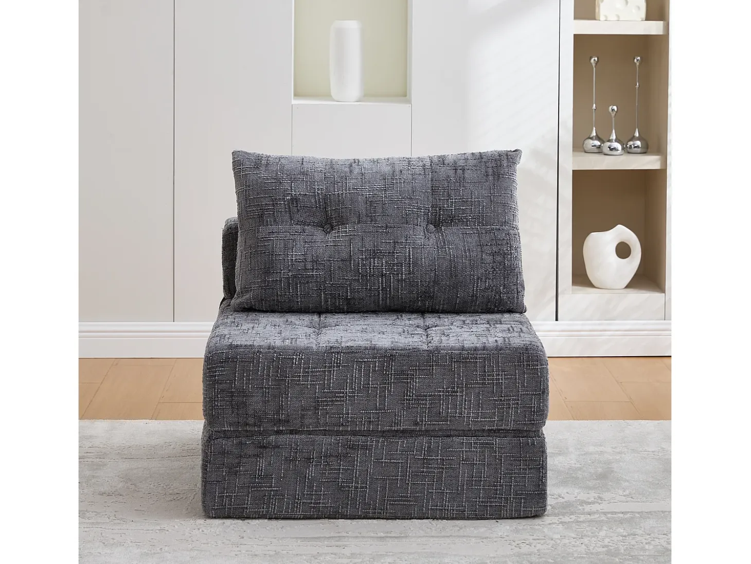Sofá convertible con cojines lumbares y reposacabezas, chenilla gris - para salón y dormitorio