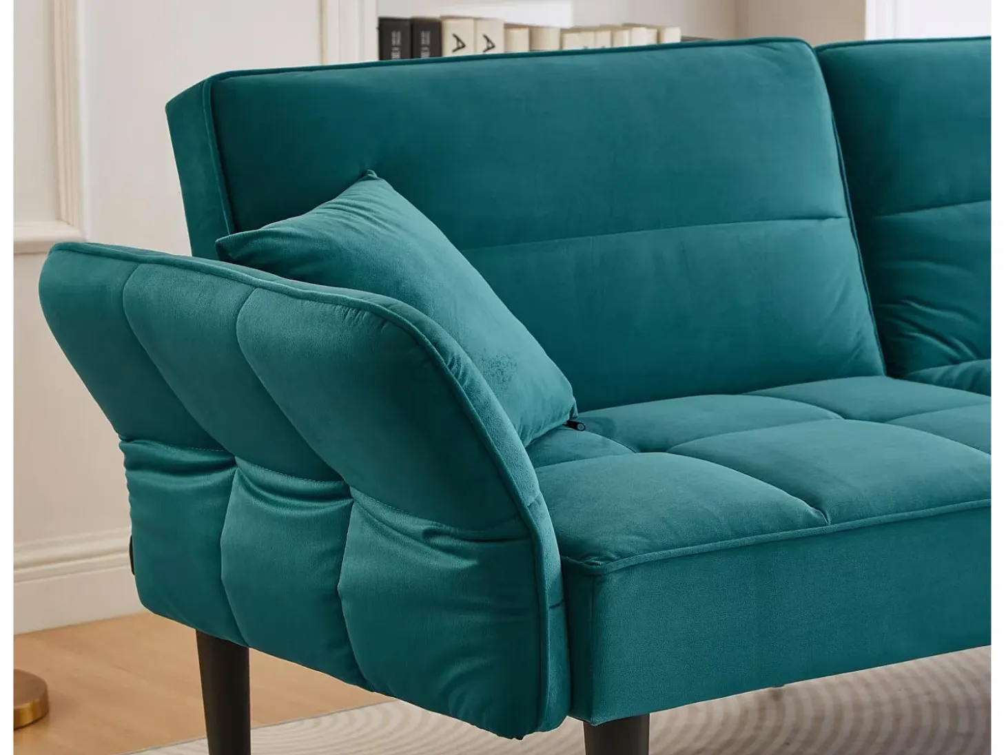 Sofá convertible de 2 plazas en terciopelo azul turquesa, respaldo y reposabrazos regulables, para salón u oficina