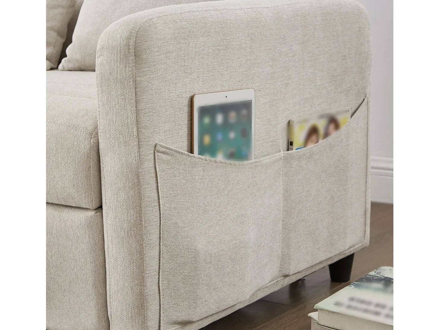 Sofá convertible doble 114 x 77 x 82.5 cm - respaldo ajustable en tres niveles - tejido de algodón y lino - beige