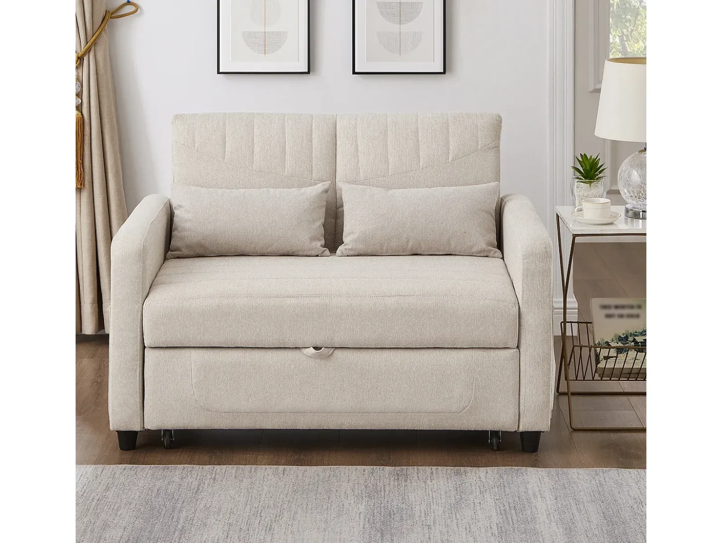 Sofá convertible doble 114 x 77 x 82.5 cm - respaldo ajustable en tres niveles - tejido de algodón y lino - beige