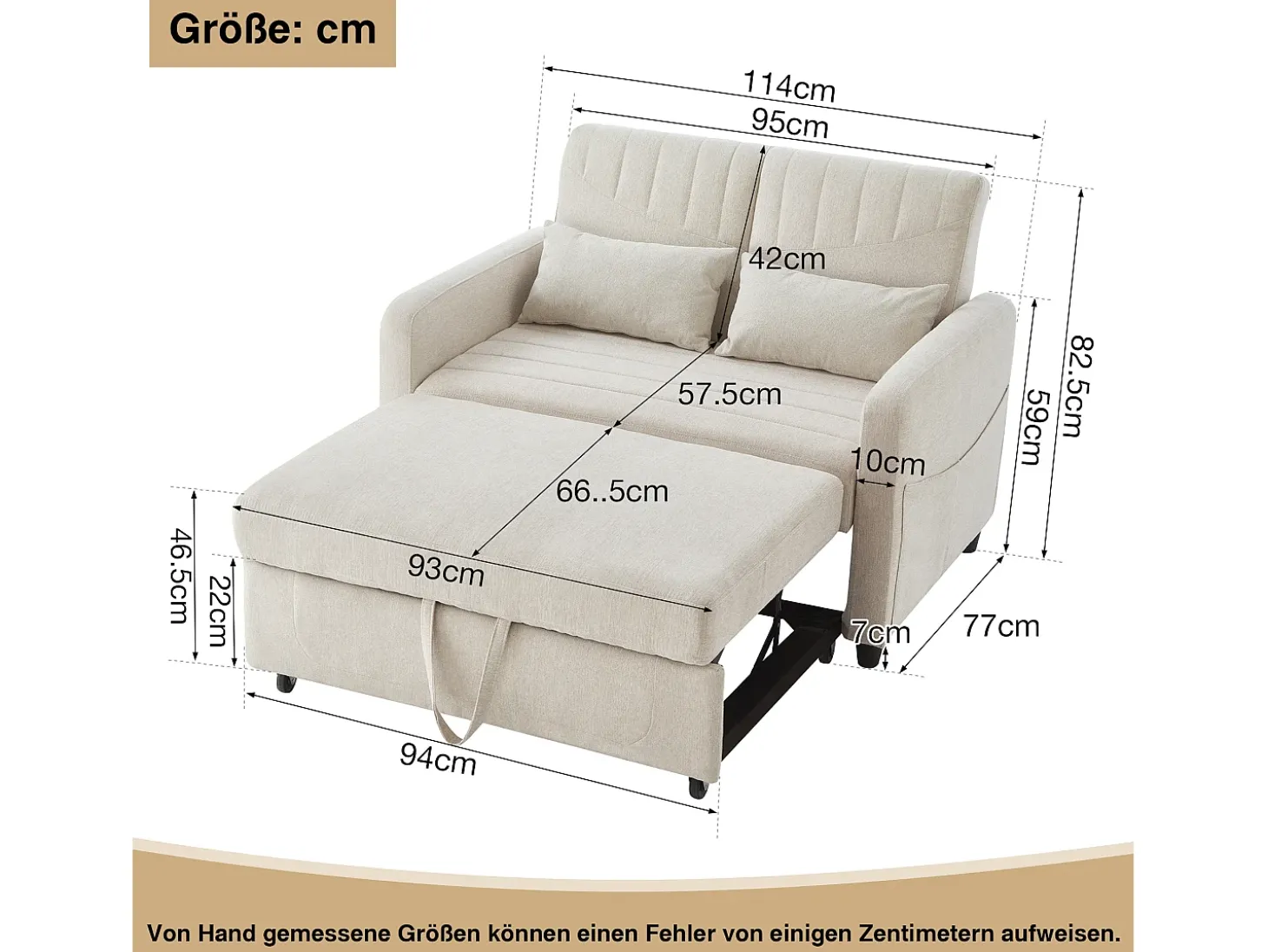 Sofá convertible doble 114 x 77 x 82.5 cm - respaldo ajustable en tres niveles - tejido de algodón y lino - beige