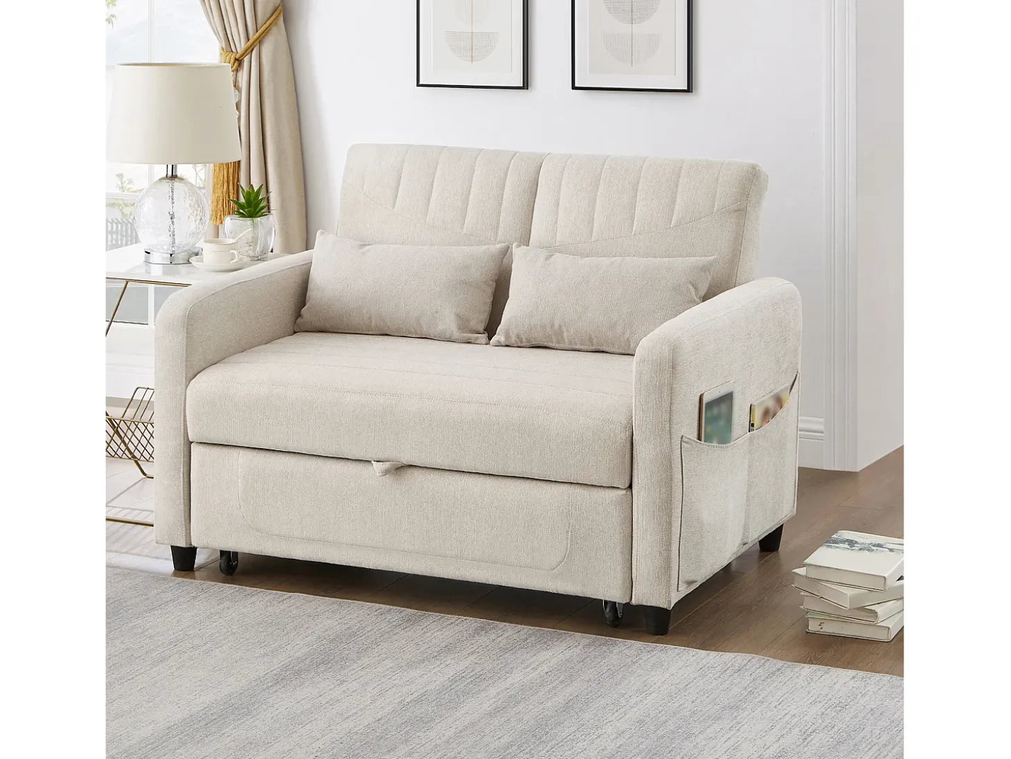 Sofá convertible doble 114 x 77 x 82.5 cm - respaldo ajustable en tres niveles - tejido de algodón y lino - beige