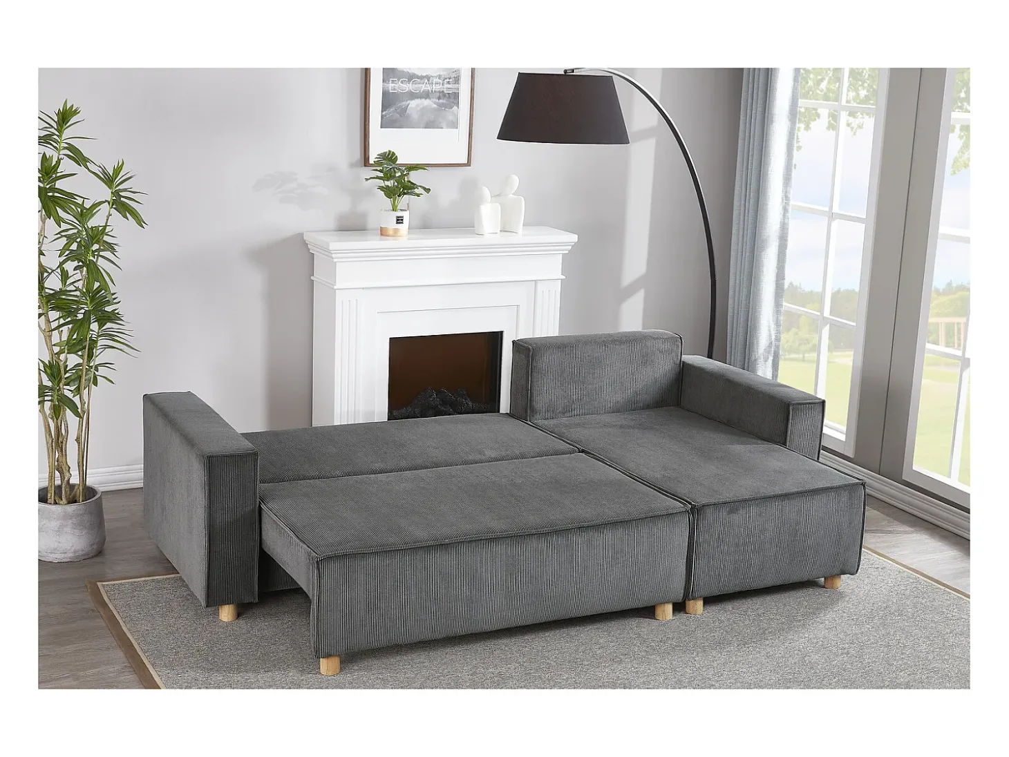 Sofá convertible esquinero 4 plazas de pana gris COSY