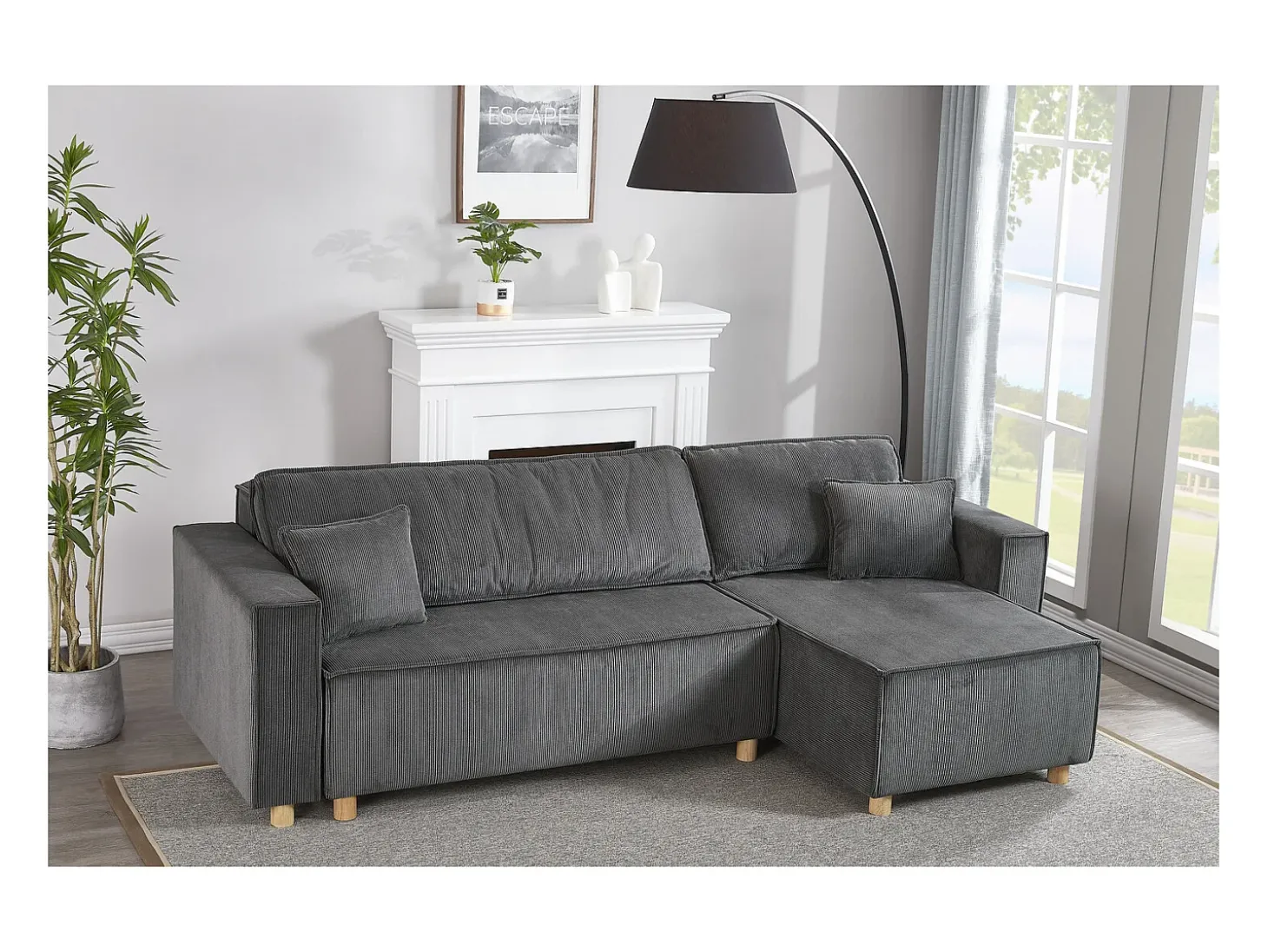 Sofá convertible esquinero 4 plazas de pana gris COSY
