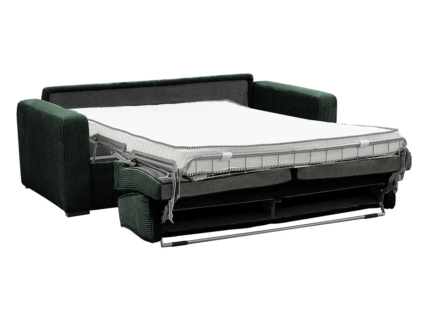 Sofá convertible Express MONDOVI en pana verde, superficie de descanso de 160 cm, colchón de 16 cm
