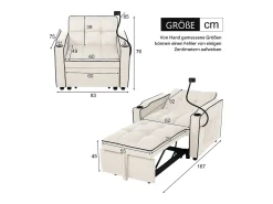 Sofá convertible individual de terciopelo beige con soporte para teléfono y portavasos, ideal para salón y dormitorio