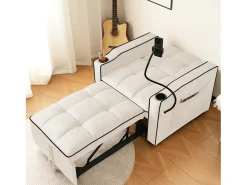 Sofá convertible individual de terciopelo beige con soporte para teléfono y portavasos, ideal para salón y dormitorio