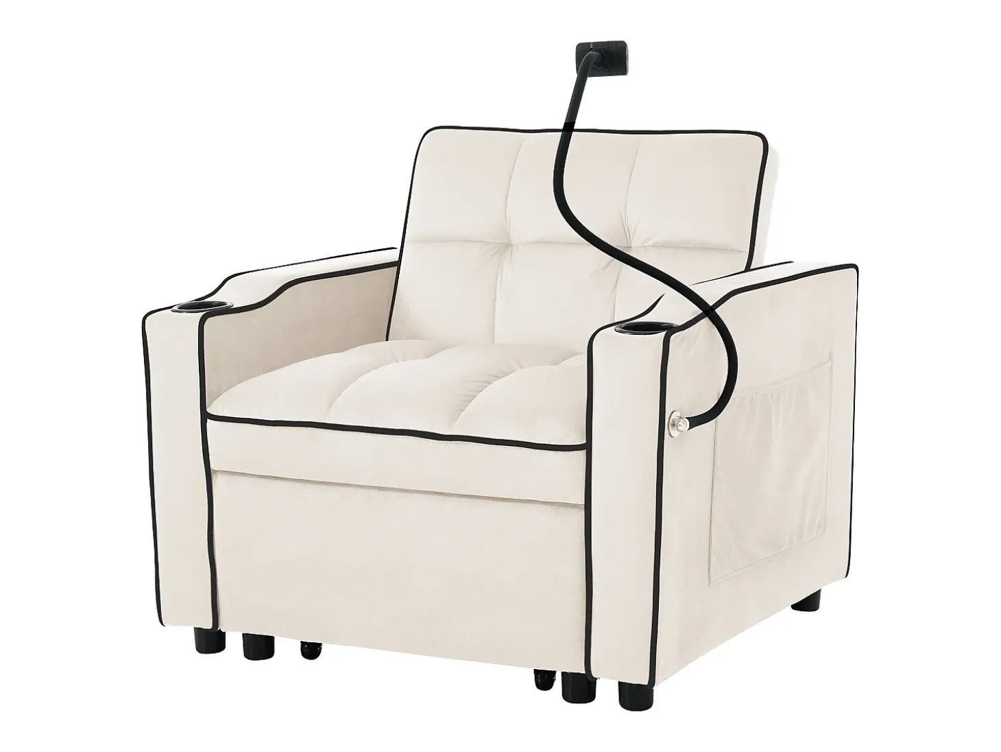 Sofá convertible individual de terciopelo beige con soporte para teléfono y portavasos, ideal para salón y dormitorio