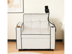 Sofá convertible individual de terciopelo beige con soporte para teléfono y portavasos, ideal para salón y dormitorio