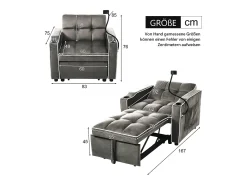 Sofá convertible individual de terciopelo gris oscuro con soporte para teléfono y portavasos, ideal para salón y dormitorio