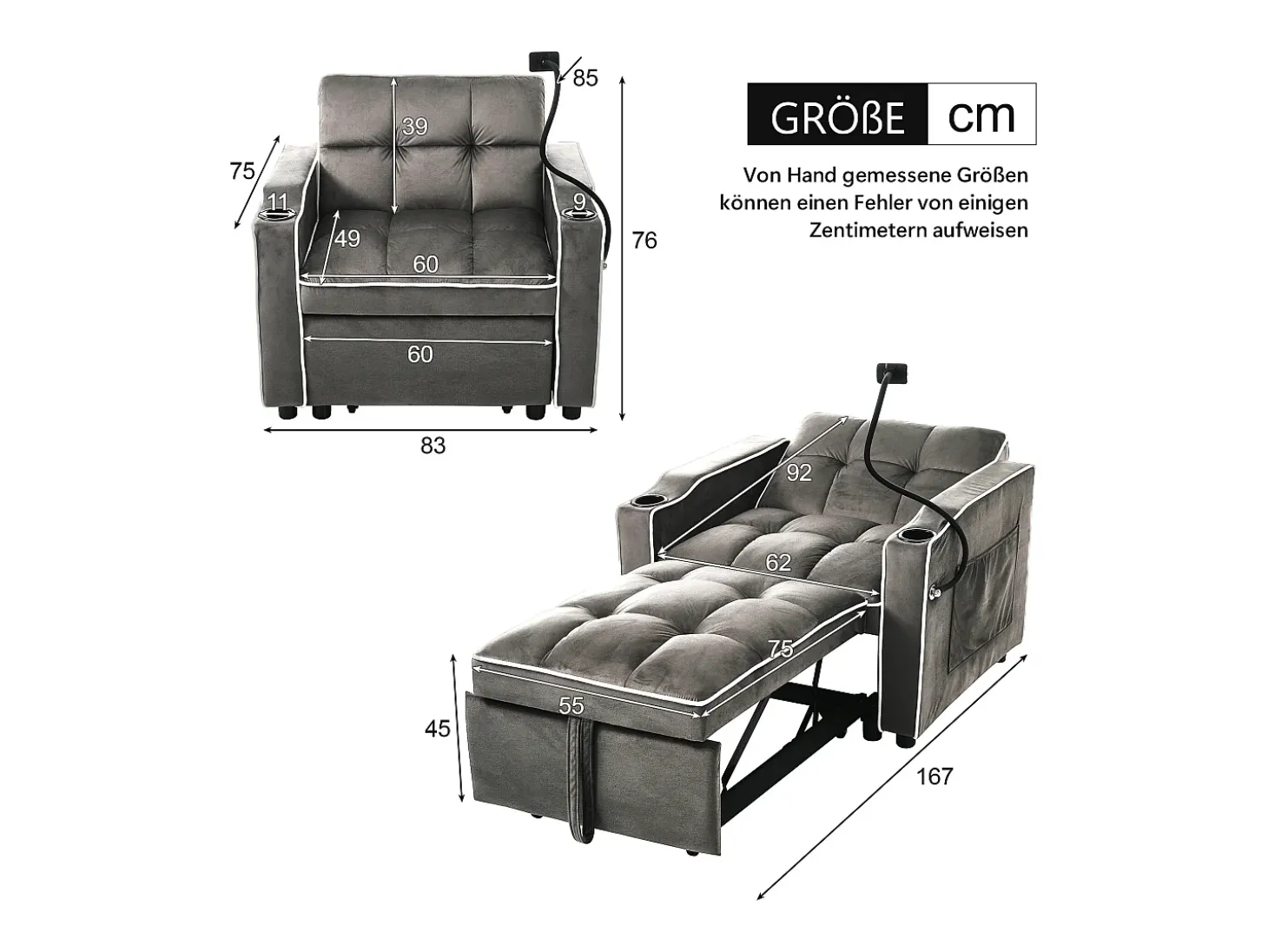 Sofá convertible individual de terciopelo gris oscuro con soporte para teléfono y portavasos, ideal para salón y dormitorio