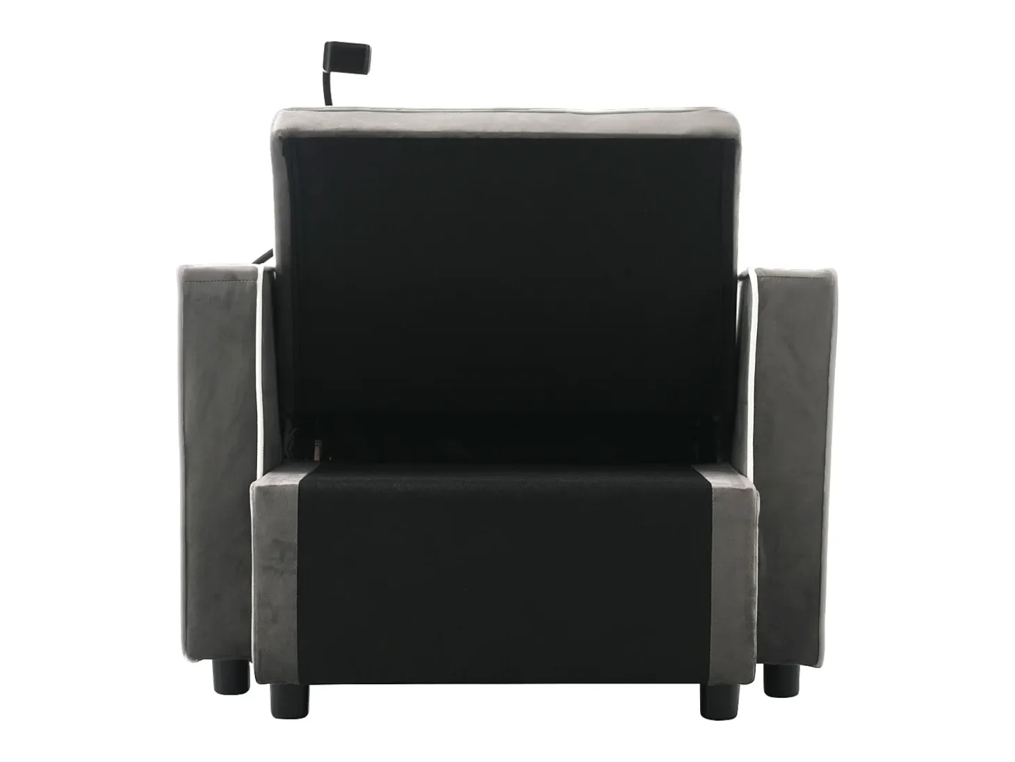 Sofá convertible individual de terciopelo gris oscuro con soporte para teléfono y portavasos, ideal para salón y dormitorio