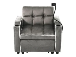 Sofá convertible individual de terciopelo gris oscuro con soporte para teléfono y portavasos, ideal para salón y dormitorio