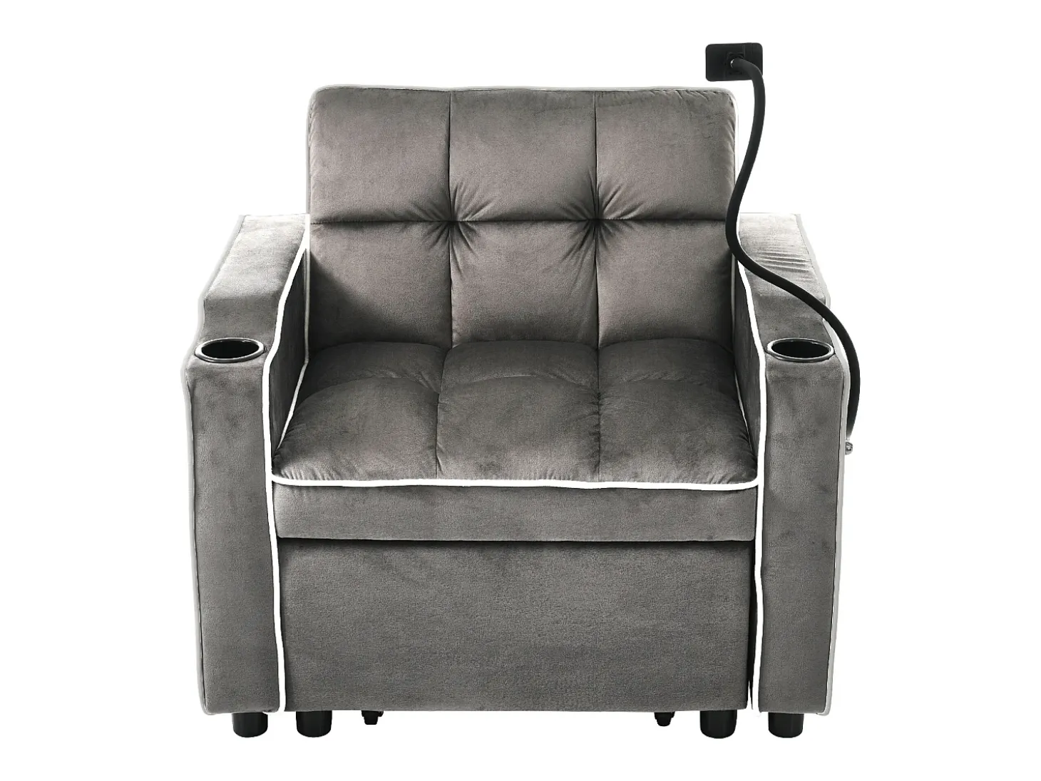 Sofá convertible individual de terciopelo gris oscuro con soporte para teléfono y portavasos, ideal para salón y dormitorio