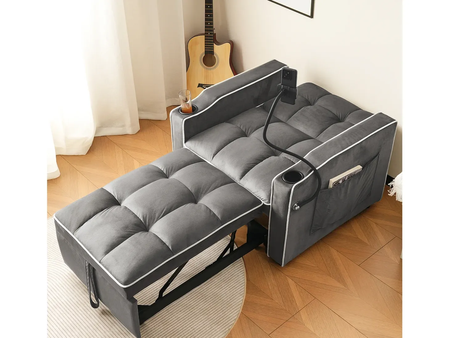 Sofá convertible individual de terciopelo gris oscuro con soporte para teléfono y portavasos, ideal para salón y dormitorio
