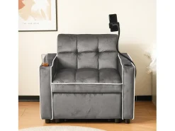 Sofá convertible individual de terciopelo gris oscuro con soporte para teléfono y portavasos, ideal para salón y dormitorio