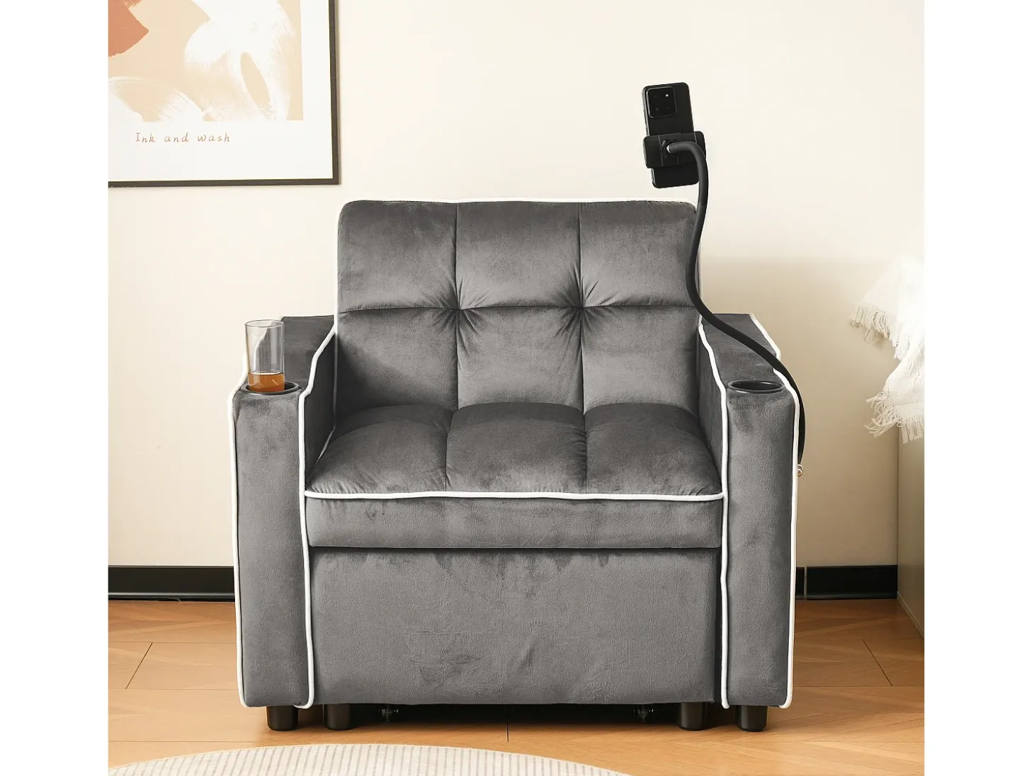 Sofá convertible individual de terciopelo gris oscuro con soporte para teléfono y portavasos, ideal para salón y dormitorio