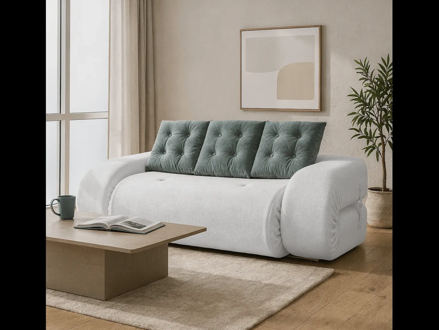 Sofá convertible Okoa 2 plazas - blanco y salvia