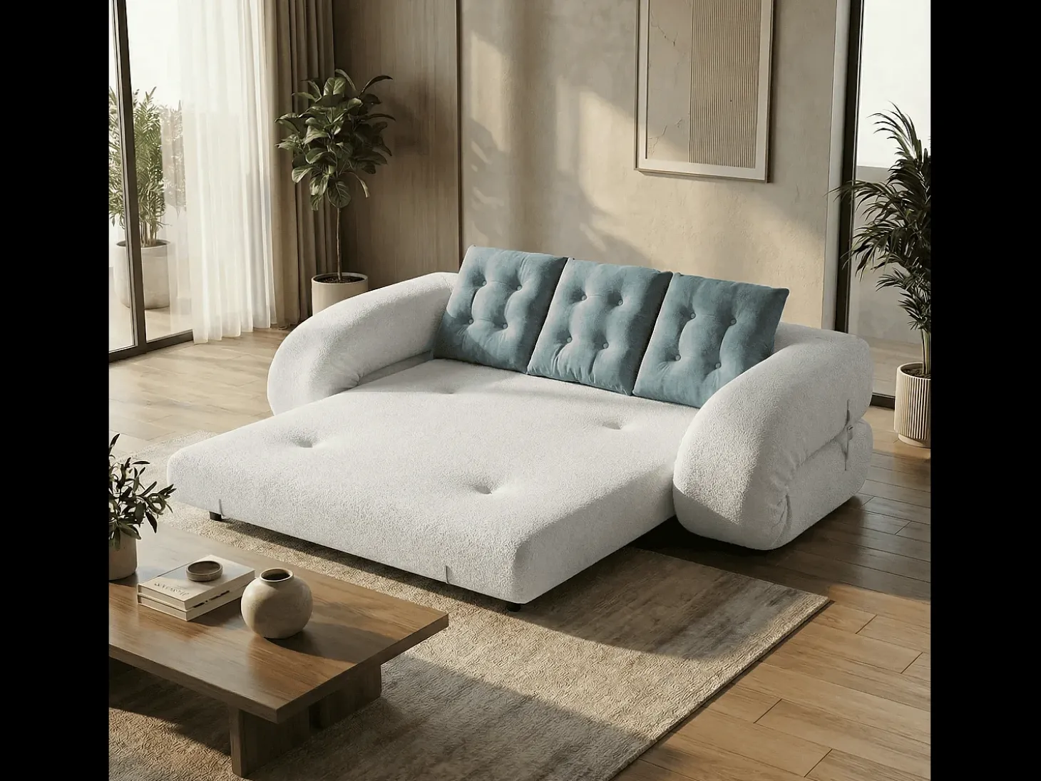Sofá convertible Okoa 2 plazas - blanco y salvia