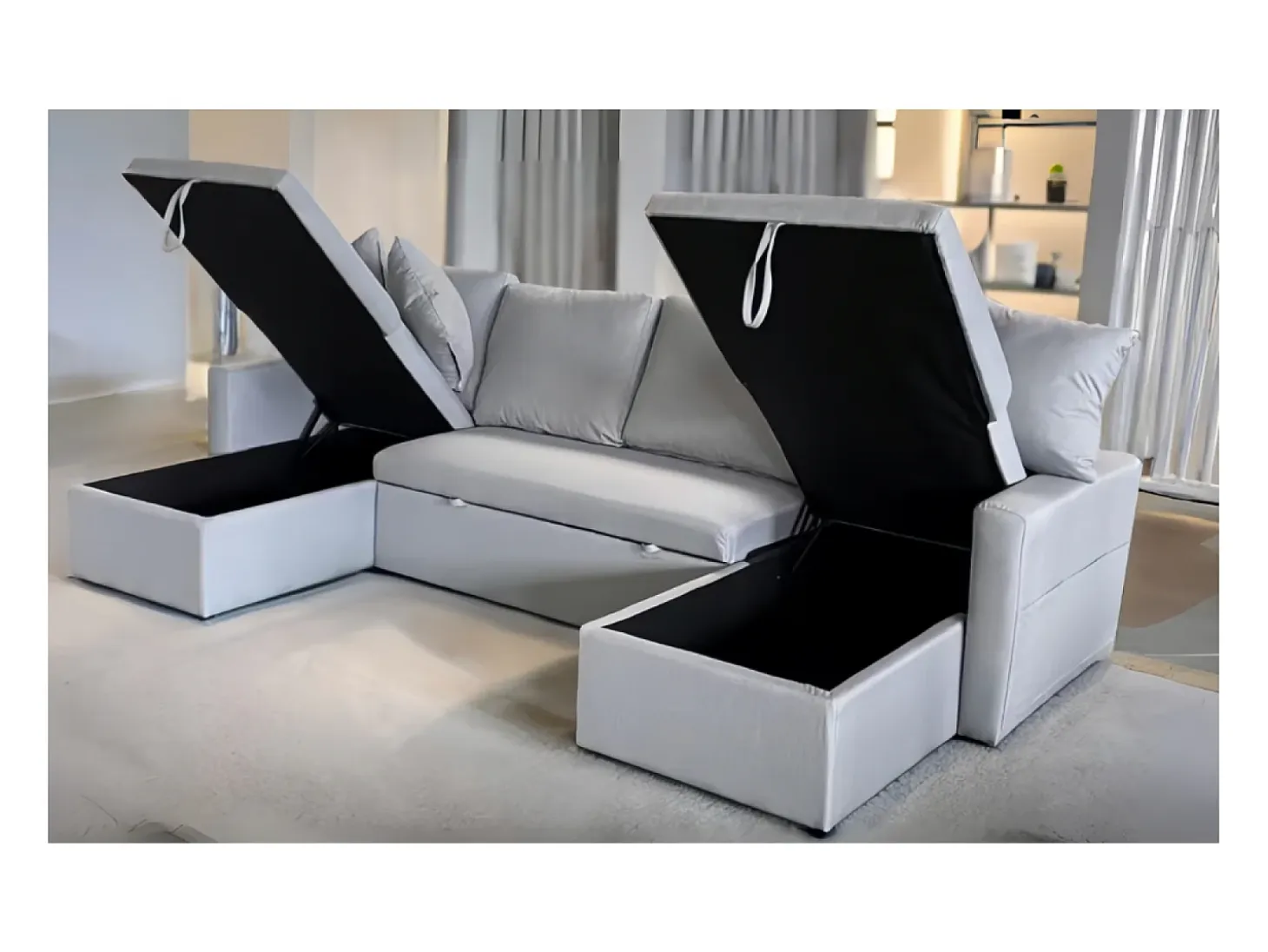 Sofá convertible panorámico 4 plazas en tejido con box MAHÉ - gris claro