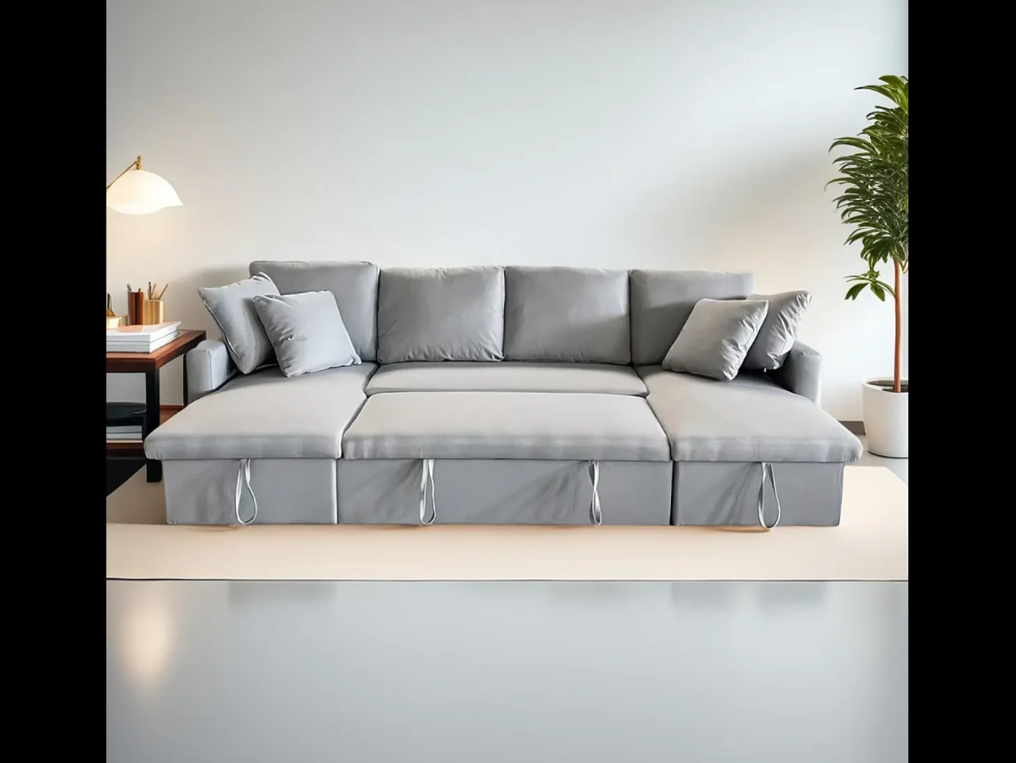 Sofá convertible panorámico 4 plazas en tejido con box MAHÉ - gris claro