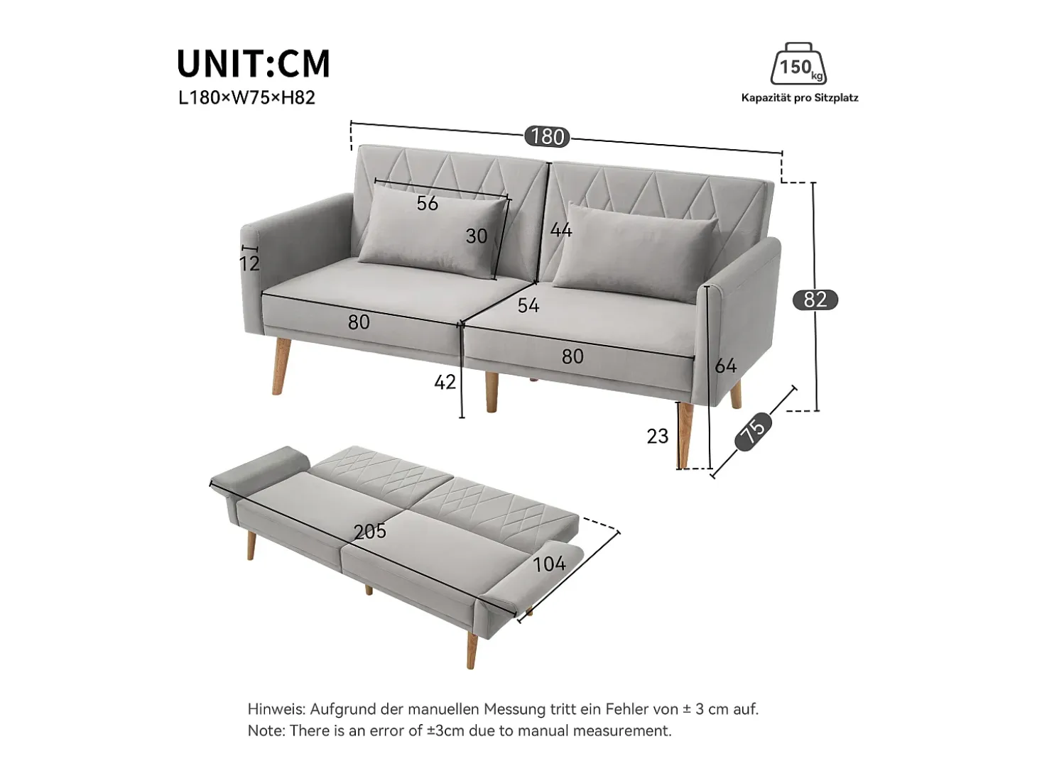 Sofá convertible recto de 2 plazas en terciopelo gris claro, 2 cojines incluidos - 180x75x82cm